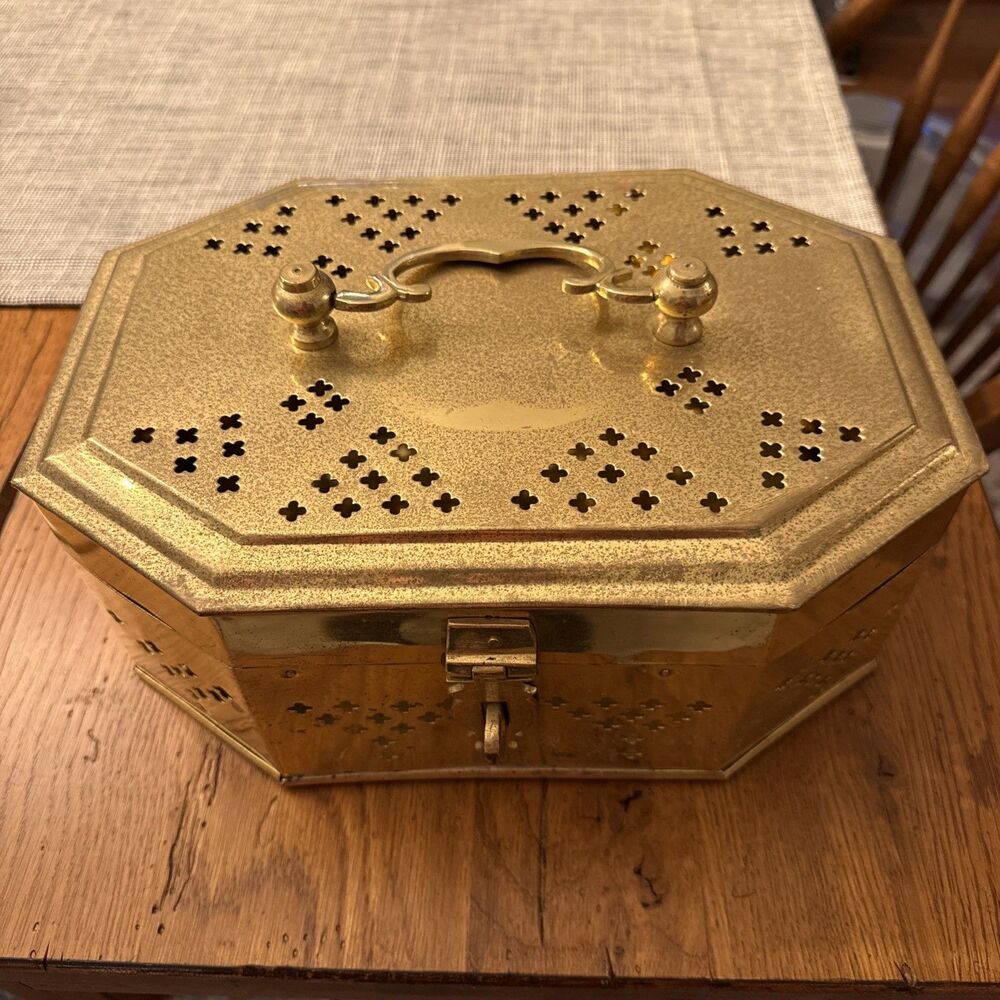 Vintage Indian Pierced Brass Cricket Box Latched Lid India Incense Holder Yoga